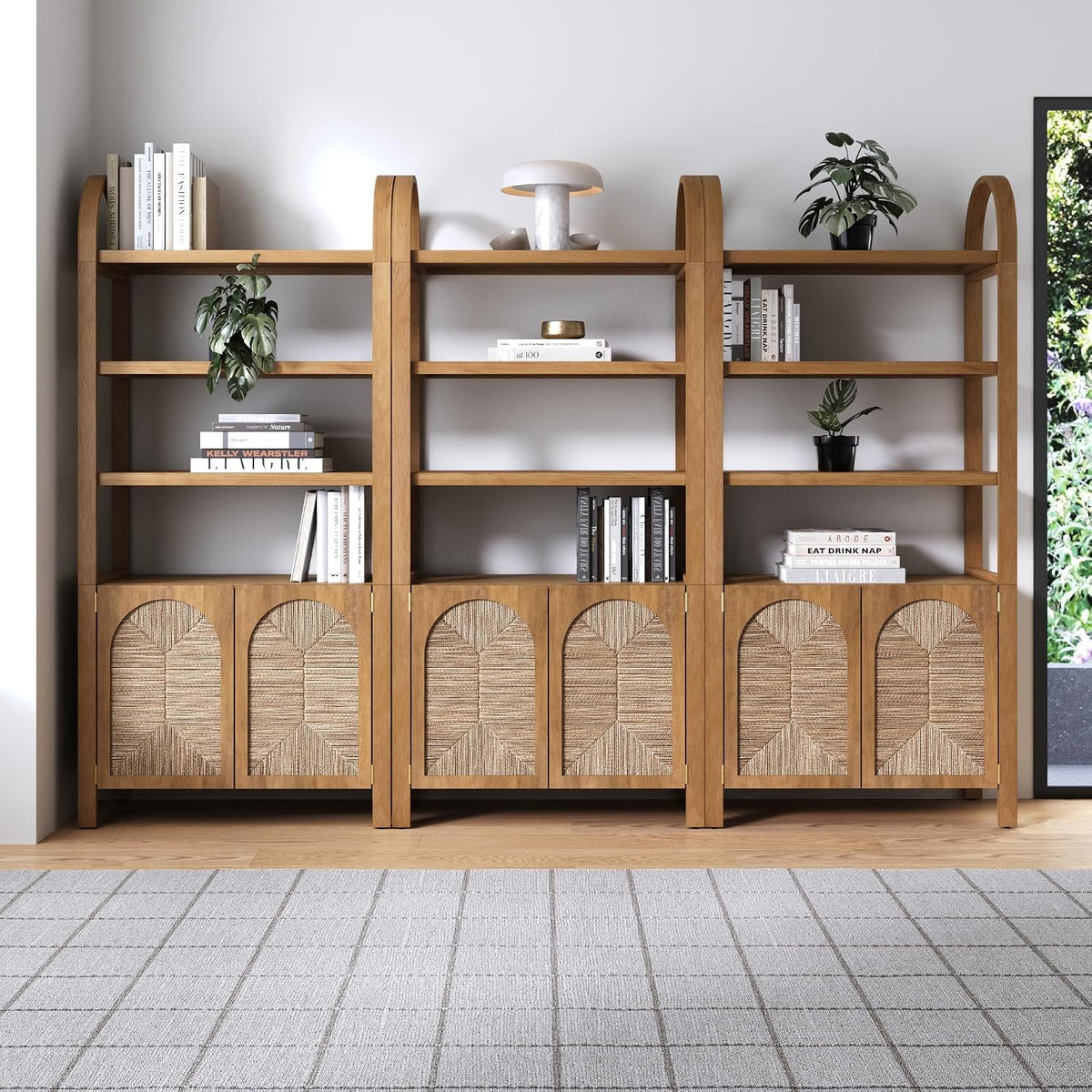 Arched 3-Tier Bookcase with Storage Cabinet – Natural Woven Door Storage