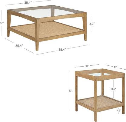 3-Piece Boho Coffee Table Set – Wood & Woven Accent Tables