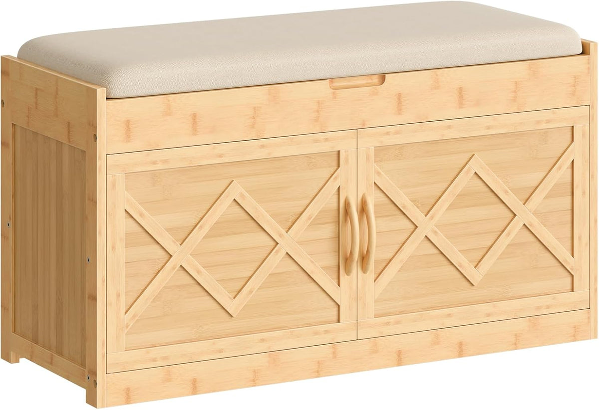 Bamboo Entryway Shoe Bench with Hidden Storage – Cushioned Seat & Cabinet