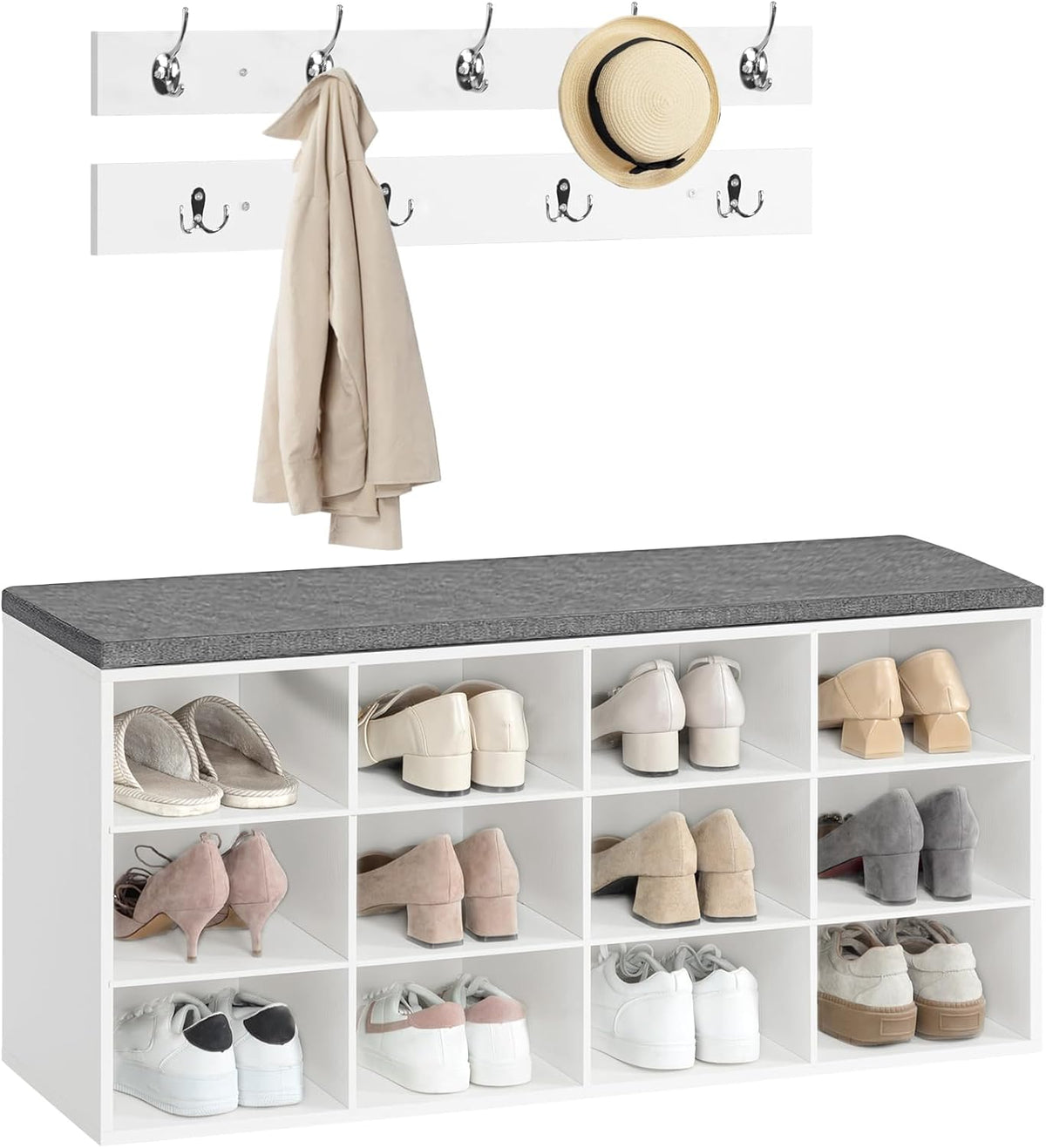 12-Cubby Entryway Shoe Storage Bench – Cushioned Seat & Coat Rack