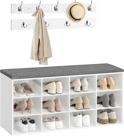 12-Cubby Entryway Shoe Storage Bench – Cushioned Seat & Coat Rack