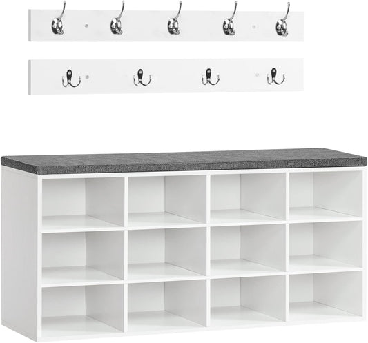 12-Cubby Entryway Shoe Storage Bench – Cushioned Seat & Coat Rack
