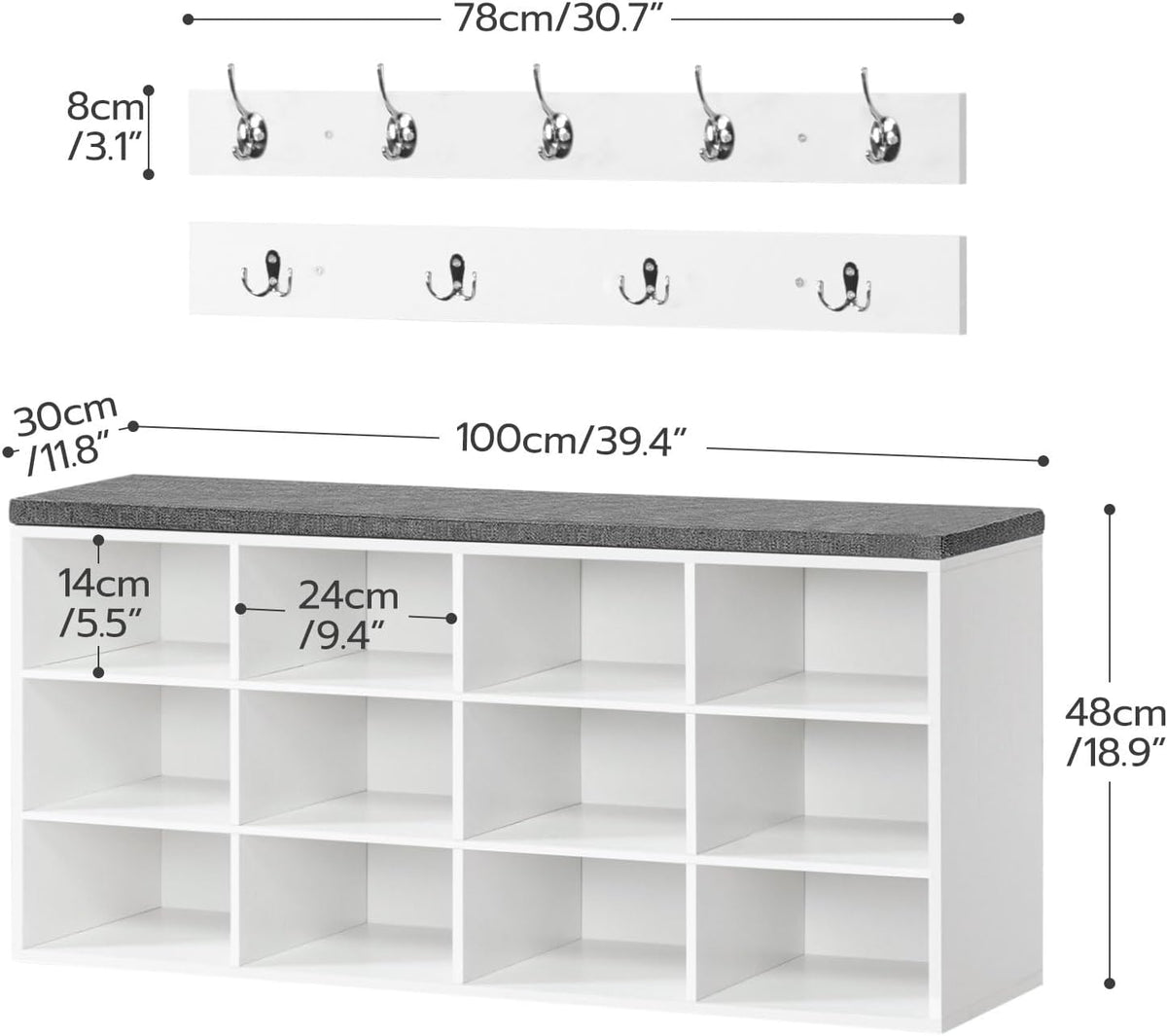 12-Cubby Entryway Shoe Storage Bench – Cushioned Seat & Coat Rack
