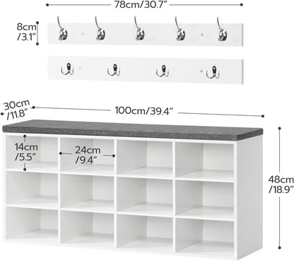 12-Cubby Entryway Shoe Storage Bench – Cushioned Seat & Coat Rack