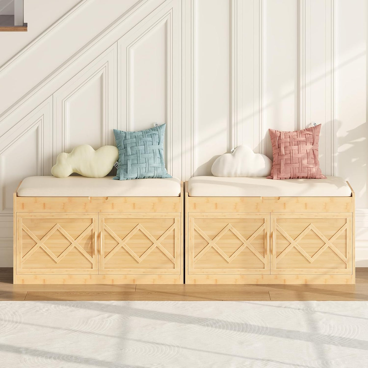 Bamboo Entryway Shoe Bench with Hidden Storage – Cushioned Seat & Cabinet