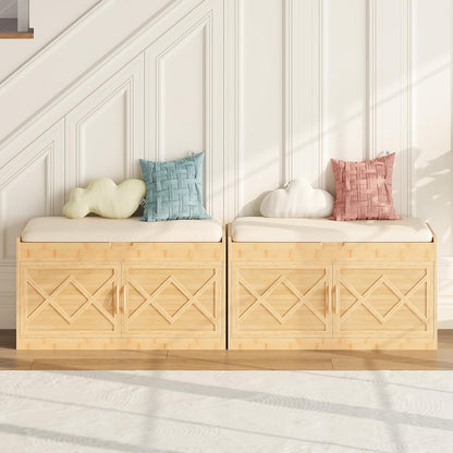 Bamboo Entryway Shoe Bench with Hidden Storage – Cushioned Seat & Cabinet