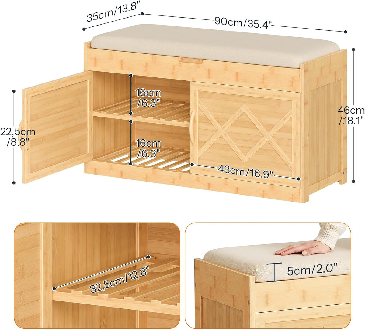 Bamboo Entryway Shoe Bench with Hidden Storage – Cushioned Seat & Cabinet