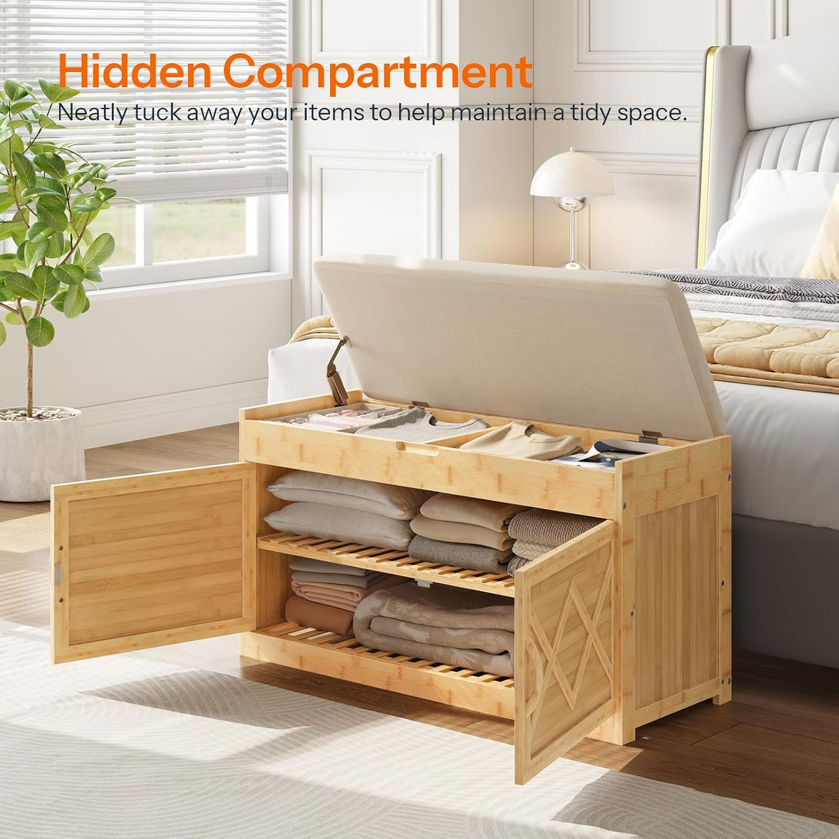 Bamboo Entryway Shoe Bench with Hidden Storage – Cushioned Seat & Cabinet