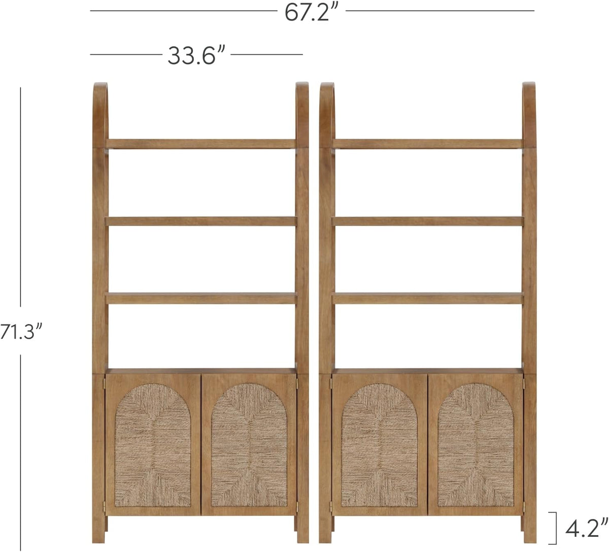 Arched 3-Tier Bookcase with Storage Cabinet – Natural Woven Door Storage