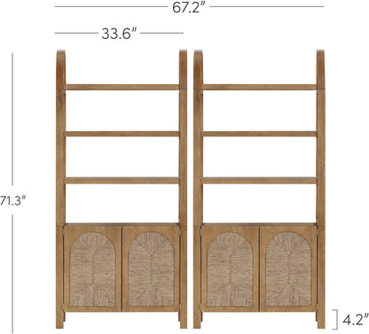 Arched 3-Tier Bookcase with Storage Cabinet – Natural Woven Door Storage