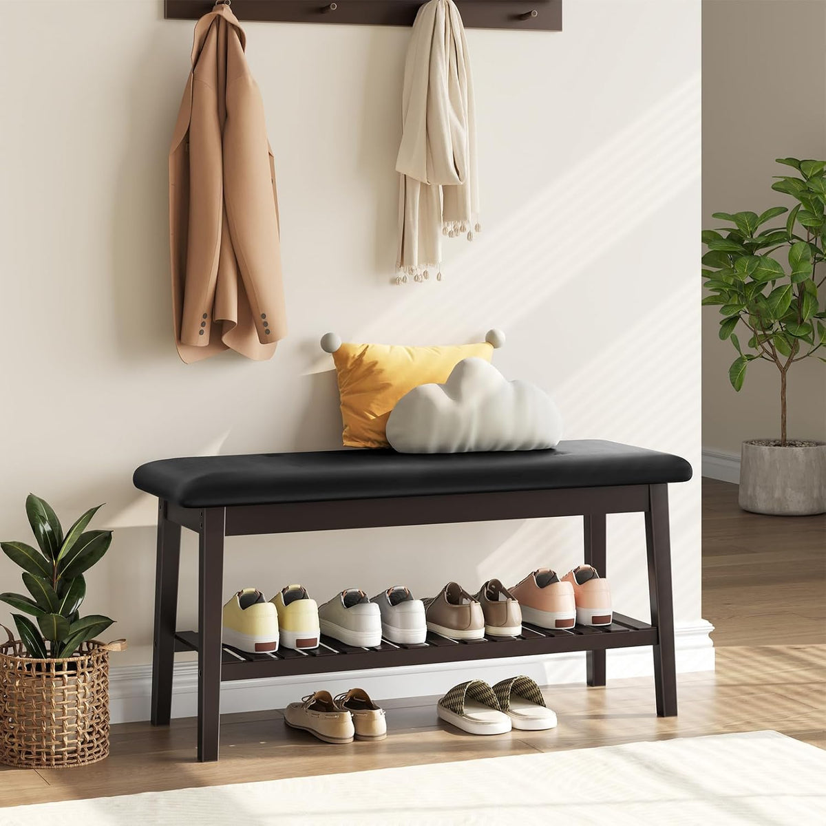 2-Tier Bamboo Entryway Bench with Upholstered Seat – Stylish Home Seating