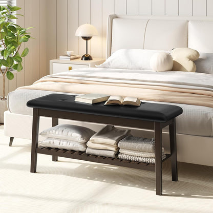 2-Tier Bamboo Entryway Bench with Upholstered Seat – Stylish Home Seating