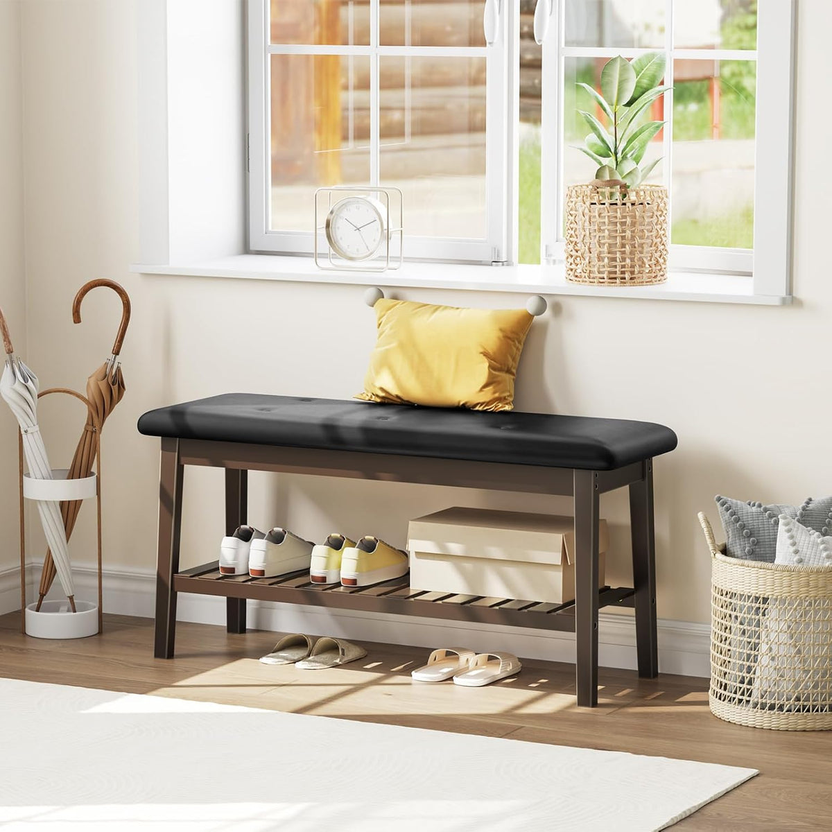 2-Tier Bamboo Entryway Bench with Upholstered Seat – Stylish Home Seating