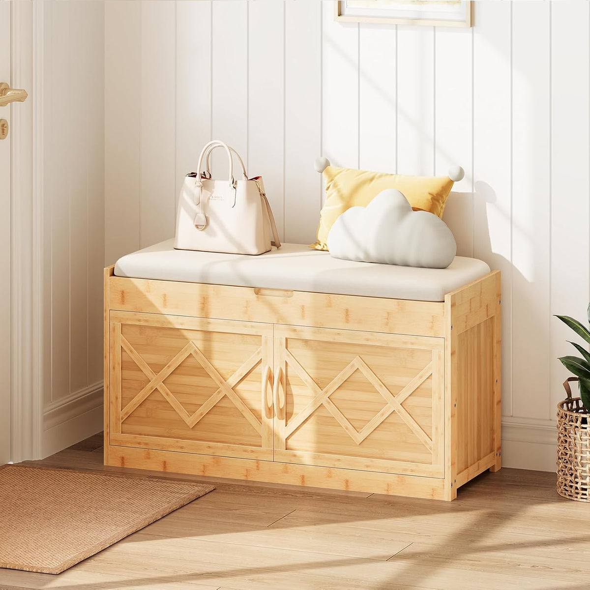 Bamboo Entryway Shoe Bench with Hidden Storage – Cushioned Seat & Cabinet