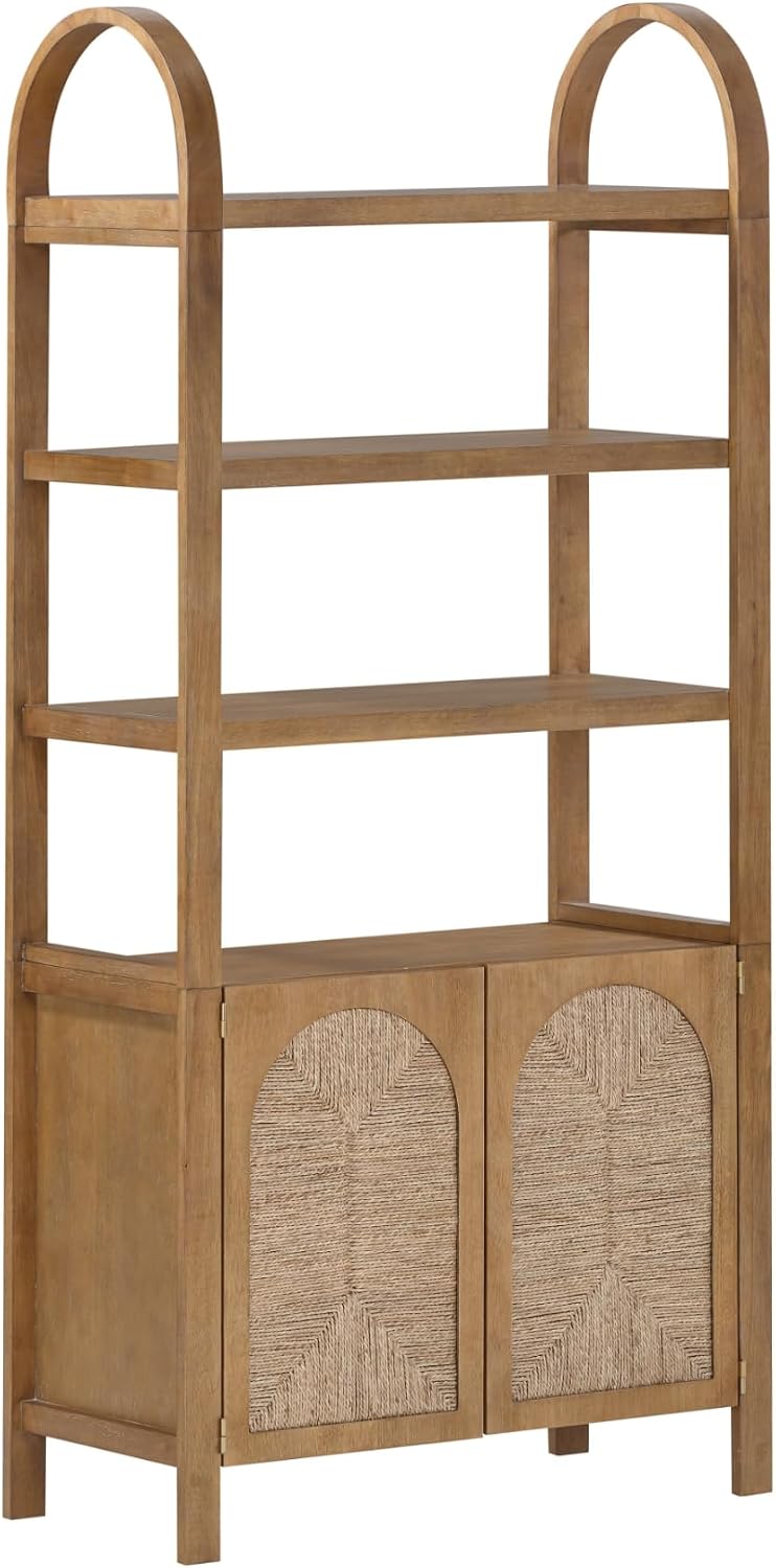 Arched 3-Tier Bookcase with Storage Cabinet – Natural Woven Door Storage