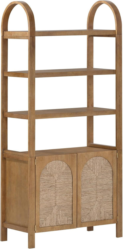 Arched 3-Tier Bookcase with Storage Cabinet – Natural Woven Door Storage