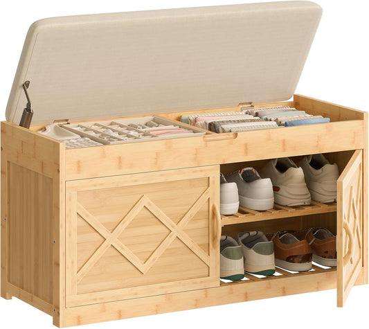 Bamboo Entryway Shoe Bench with Hidden Storage – Cushioned Seat & Cabinet