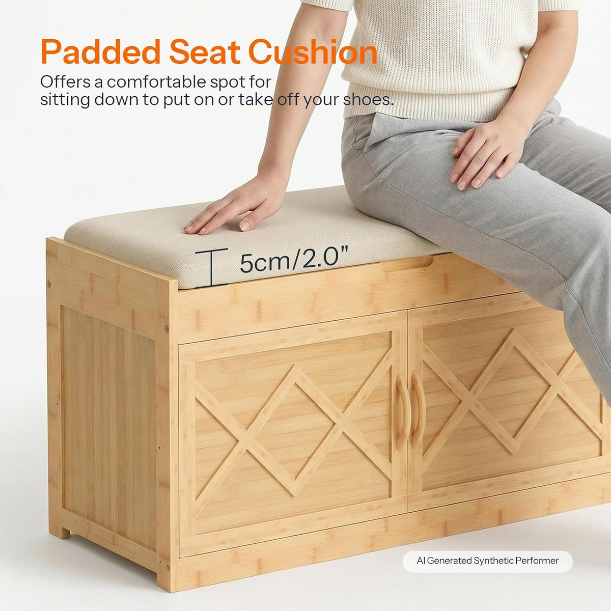 Bamboo Entryway Shoe Bench with Hidden Storage – Cushioned Seat & Cabinet
