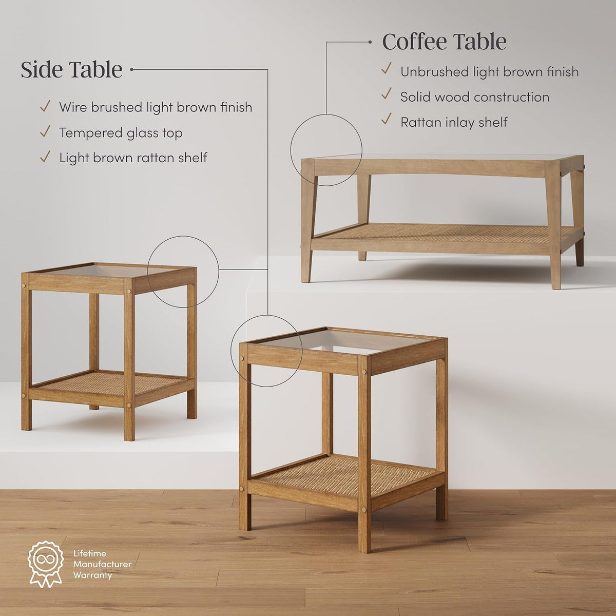 3-Piece Boho Coffee Table Set – Wood & Woven Accent Tables