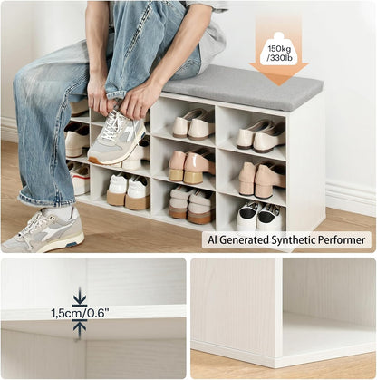 12-Cubby Entryway Shoe Storage Bench – Cushioned Seat & Coat Rack