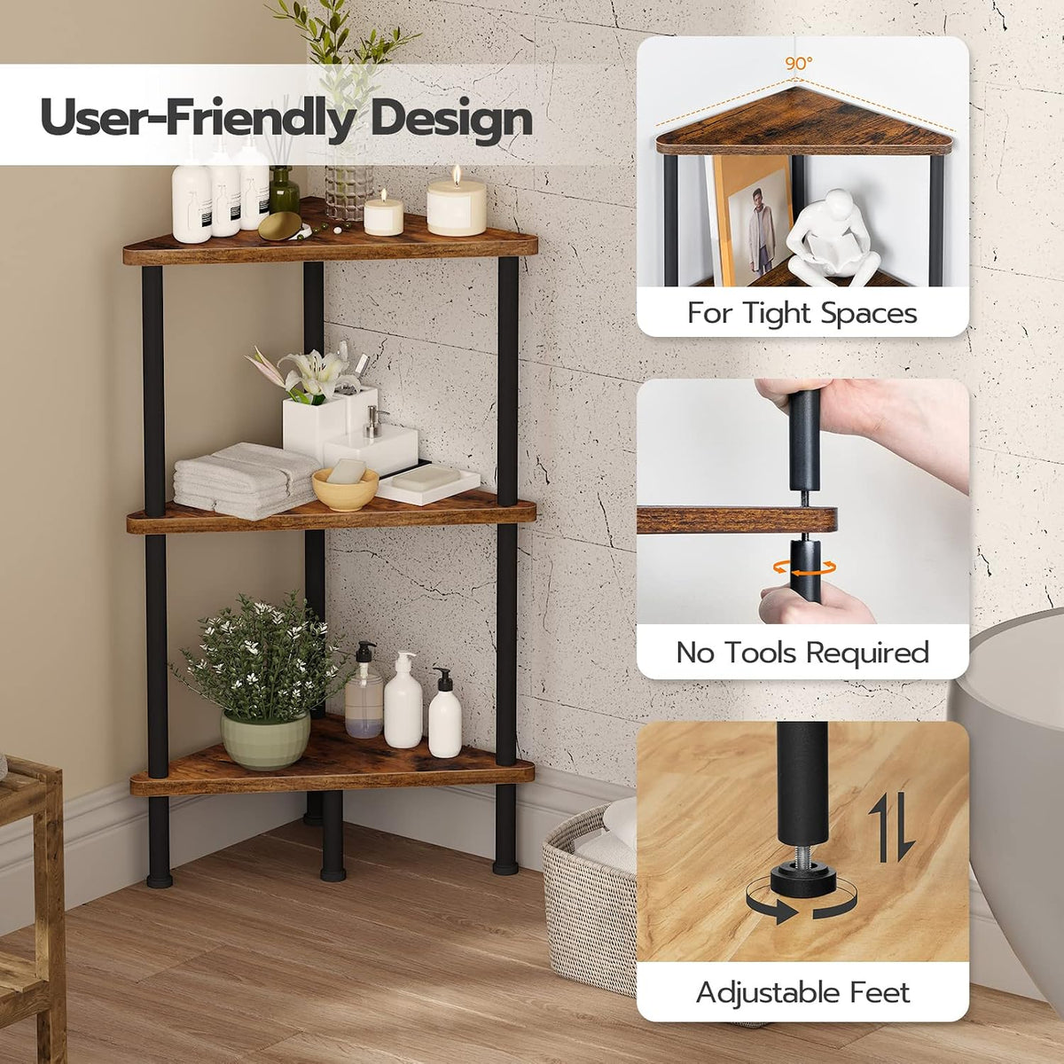 Industrial 3-Tier Corner Bookshelf – Rustic Display & Storage Rack