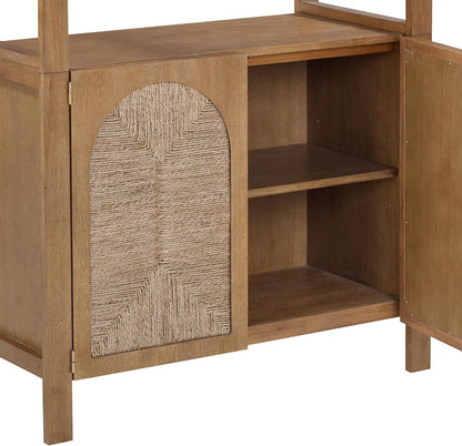 Arched 3-Tier Bookcase with Storage Cabinet – Natural Woven Door Storage