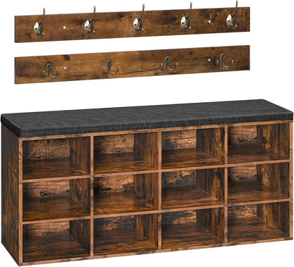 12-Cubby Entryway Shoe Storage Bench – Cushioned Seat & Coat Rack