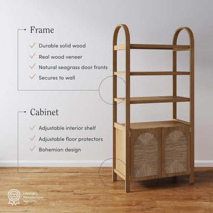 Arched 3-Tier Bookcase with Storage Cabinet – Natural Woven Door Storage