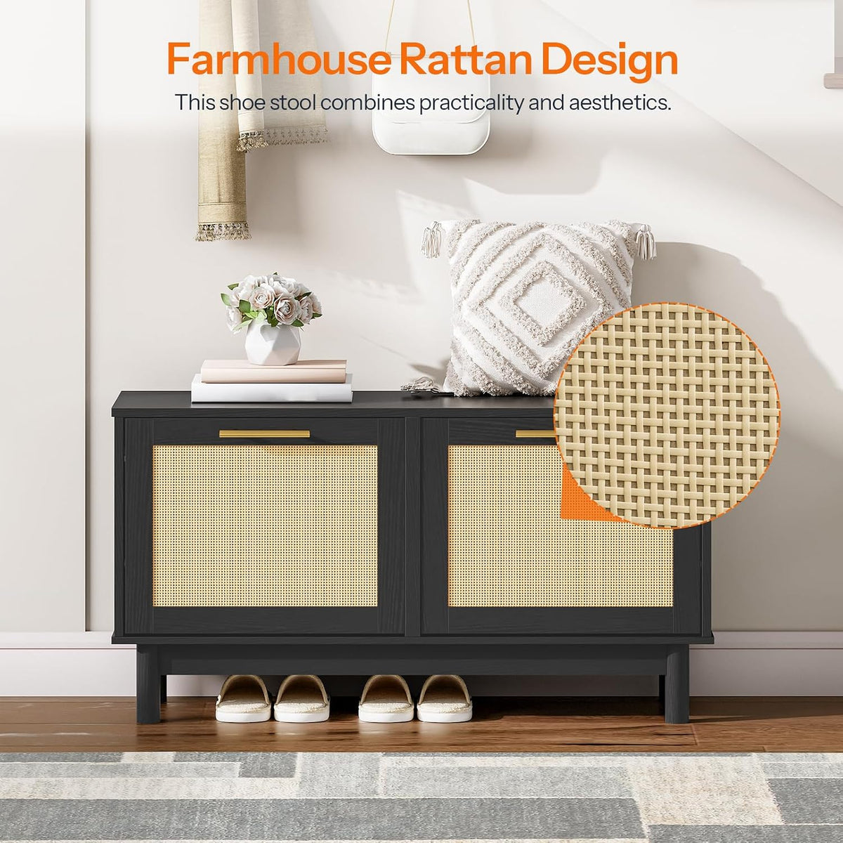 Rattan Style Shoe Storage Bench – Entryway Storage & Seating