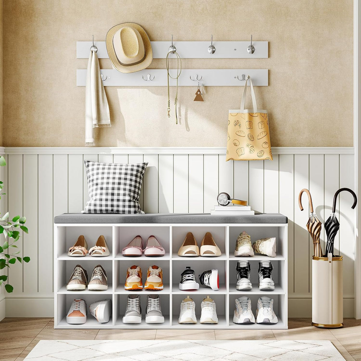 12-Cubby Entryway Shoe Storage Bench – Cushioned Seat & Coat Rack