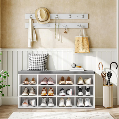 12-Cubby Entryway Shoe Storage Bench – Cushioned Seat & Coat Rack