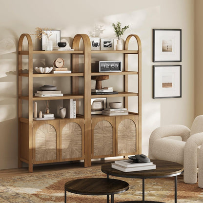 Arched 3-Tier Bookcase with Storage Cabinet – Natural Woven Door Storage