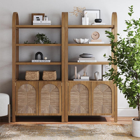 Arched 3-Tier Bookcase with Storage Cabinet – Natural Woven Door Storage