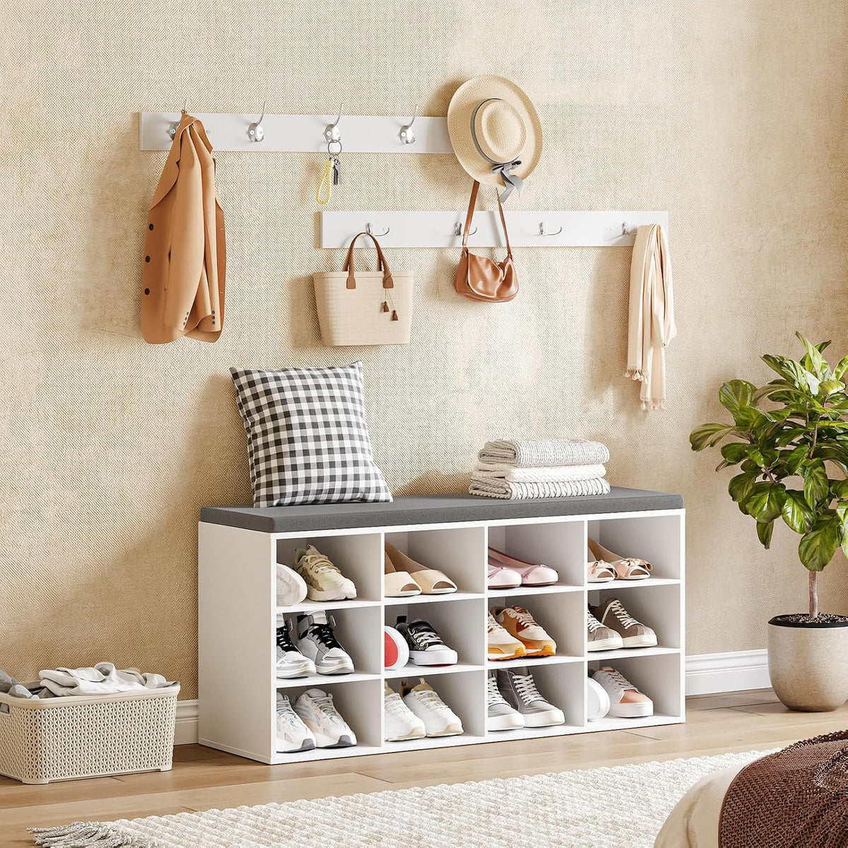12-Cubby Entryway Shoe Storage Bench – Cushioned Seat & Coat Rack
