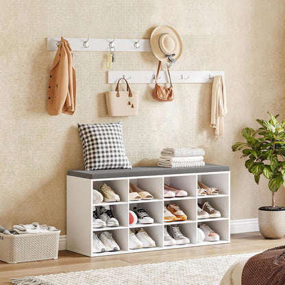 12-Cubby Entryway Shoe Storage Bench – Cushioned Seat & Coat Rack